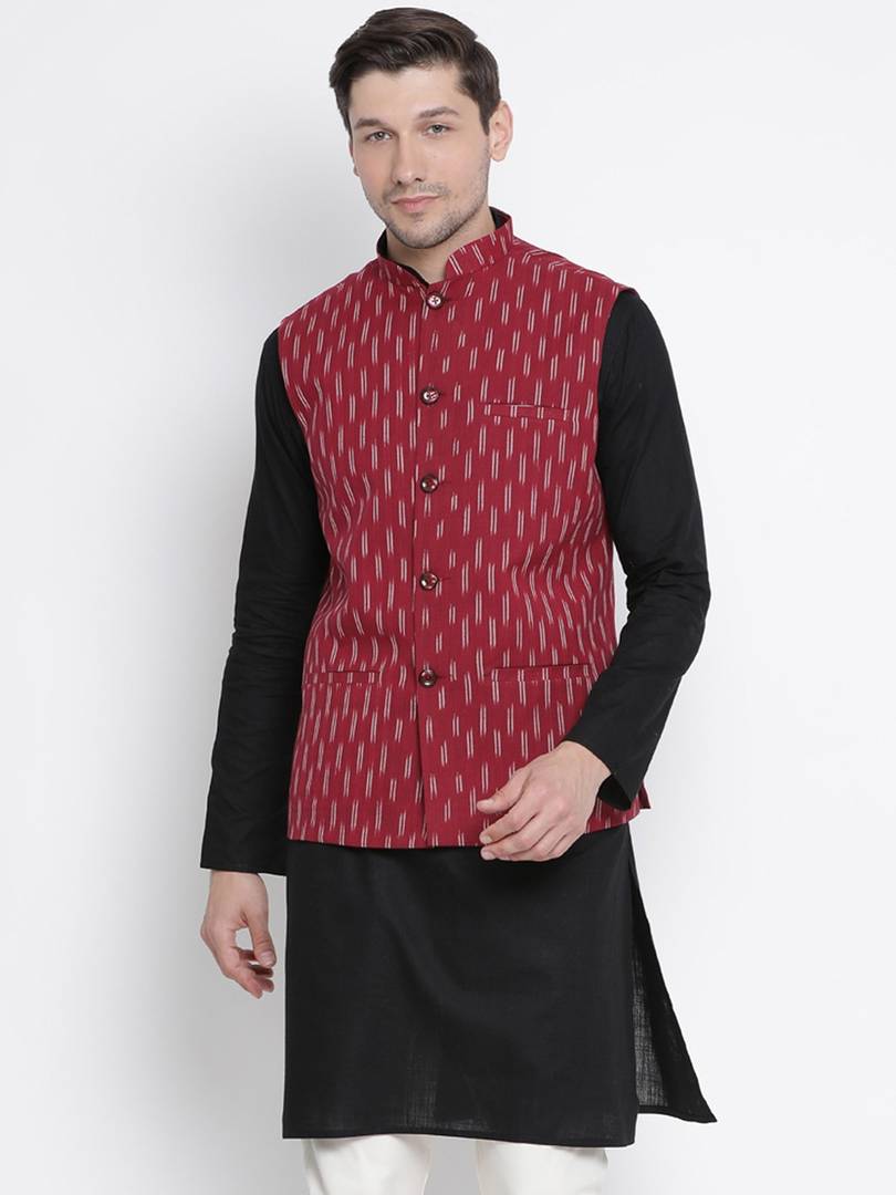 Men's Maroon Cotton
 Woven Design Nehru Jackets